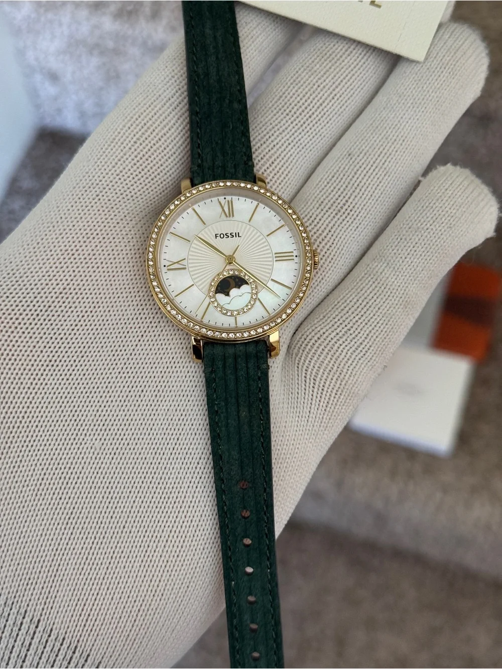 Fossil Women's Jacqueline Moonphase Green Leather Strap Gold Crystal Dial Watch